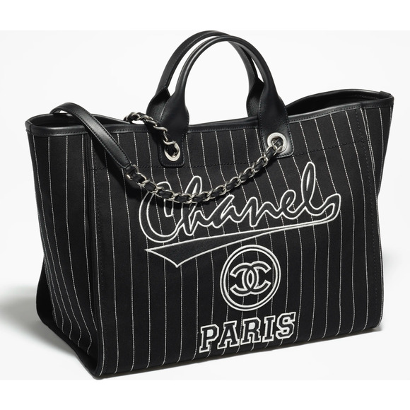 Chanel 23P Deauville Black White Stripe Large Shopping 30cm Top Handle Tote Bag - Picture 3 of 12